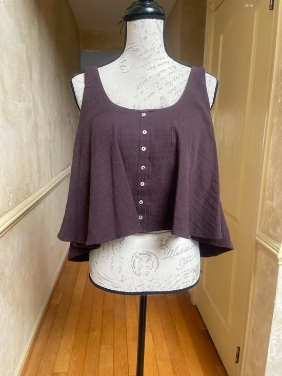 ZARA XXL Brown Textured Cotton Crop Tank Top Button Front Flowy Boho Cottagecore - Picture 2 of 8